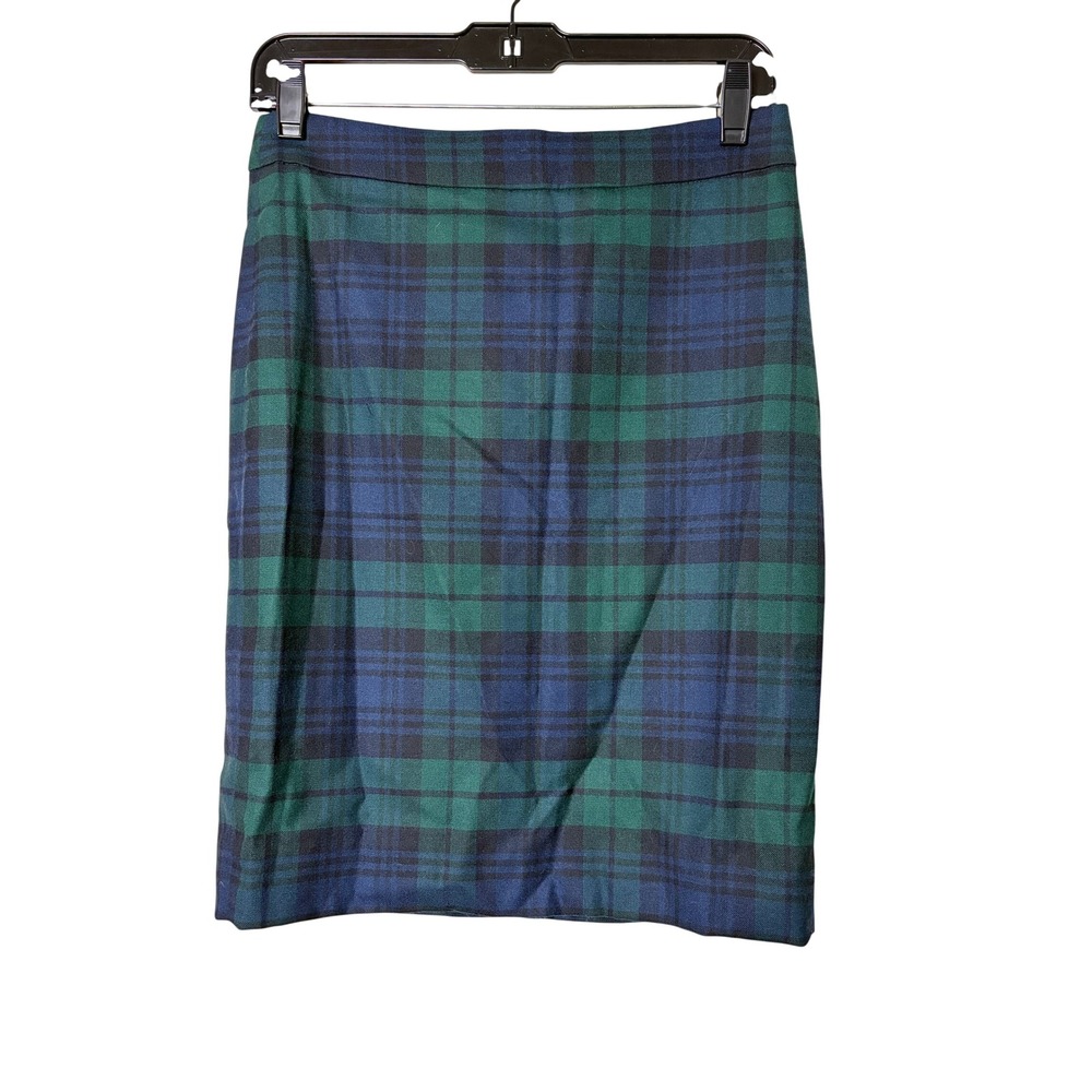 J.Crew Black Watch Plaid Wool Blend Pencil Skirt Green Navy Blue 22227 Size 0